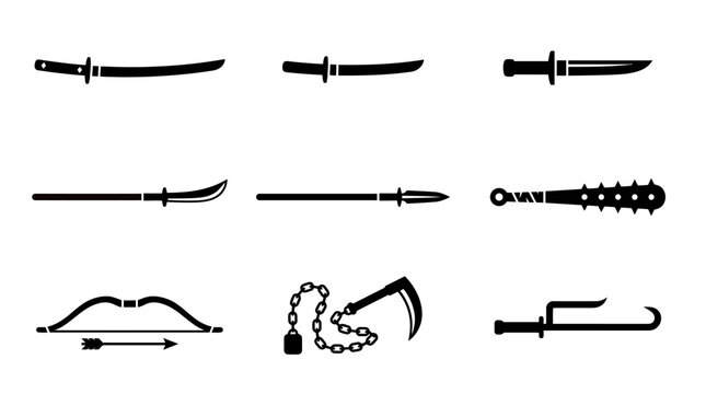 Set of nine vector silhouette collections of sword symbols, personal protective equipment and glory icons.