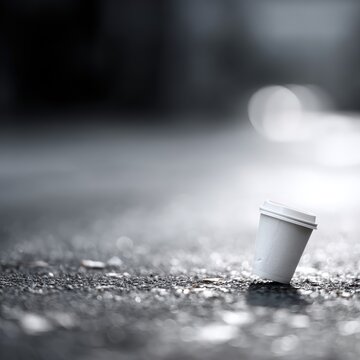disposable coffee cup thrown on road litter pollution concept