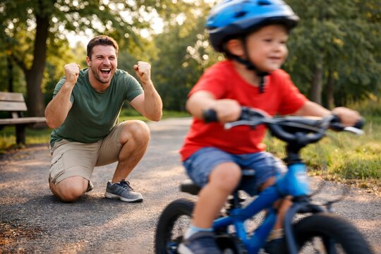 Father cheers as son learns to ride bicycle in park