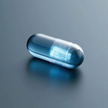 AI powered future medicine pill, smart healthcare concept, glowing technology core