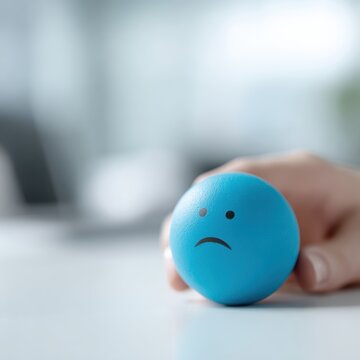hand pressing blue stress ball with sad face emoji on desk representing workplace frustration and emotional stress concept