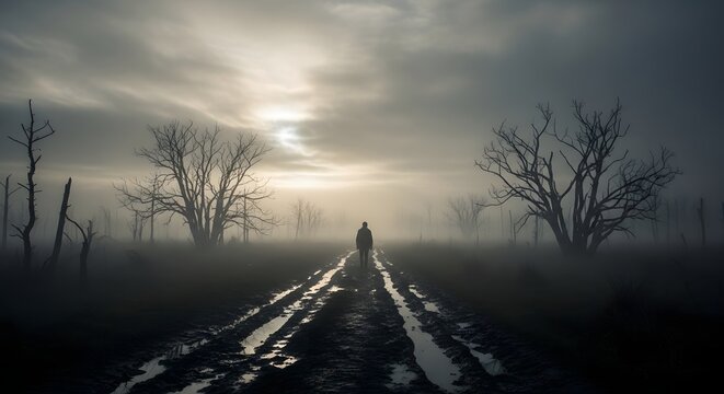 Man walking on muddy road through misty landscape