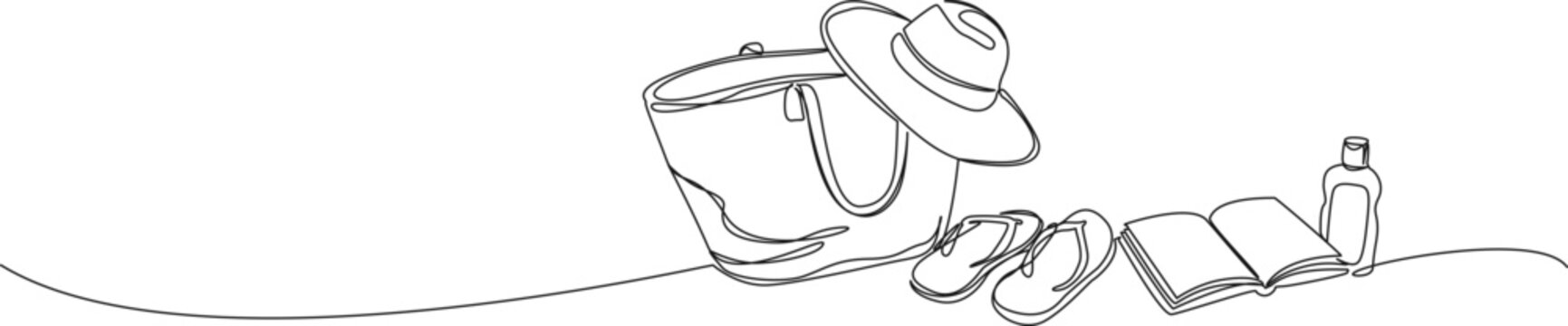 continuous line drawing of summer beach essentials with a beach bag, sun hat, flip flops, book, and sunscreen bottle, inimalist vacation and travel concept, line art vector illustration