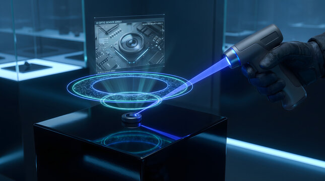 Futuristic biometric security scanner analyzing high tech optical sensor array with blue laser projection in a dark modern environment for advanced data protection