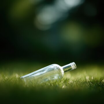 glass bottle left on grass in park litter pollution environmental awareness concept