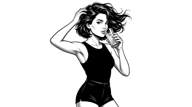 Black and White Scratchboard Illustration of Stylish Woman with Bob Haircut Holding Drink &ndash; Vintage Fashion Portrait