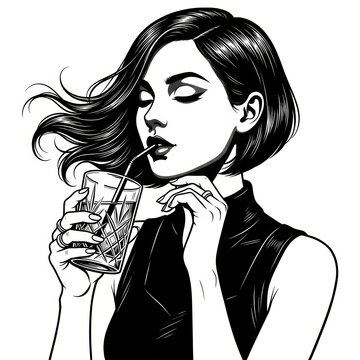 Black and White Scratchboard Illustration of Stylish Woman with Bob Haircut Holding Drink &ndash; Vintage Fashion Portrait