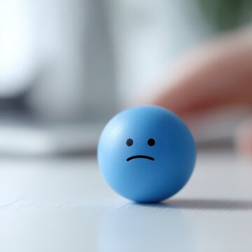 hand pressing blue stress ball with sad face emoji on desk representing workplace frustration and emotional stress concept