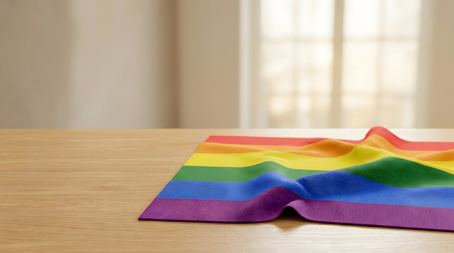 Rainbow pride flag fabric on wooden table in soft daylight, symbolizing LGBTQ pride, diversity, inclusion, equality and community support.