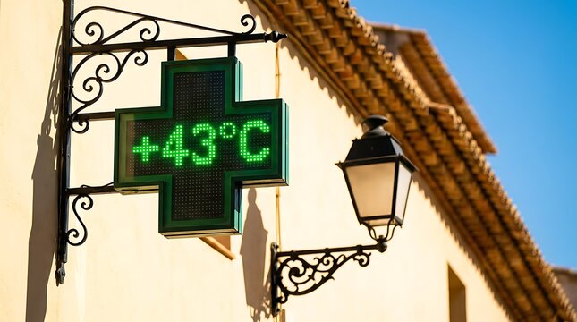 Green illuminated pharmacy cross sign displaying plus forty three degrees Celsius temperature, indicating extreme heatwave, public health warning for hot weather.