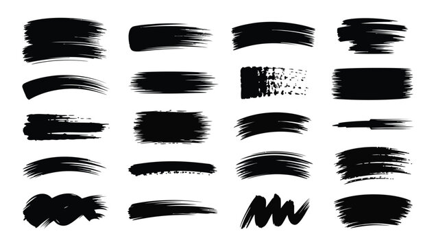 Collection of various black paint brush stroke textures and shapes isolated on a white background