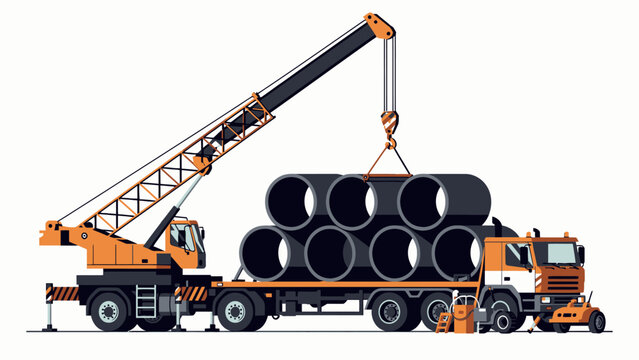 Caminh&atilde;o guindaste carregando tubos de metal pesados em um canteiro de obras.