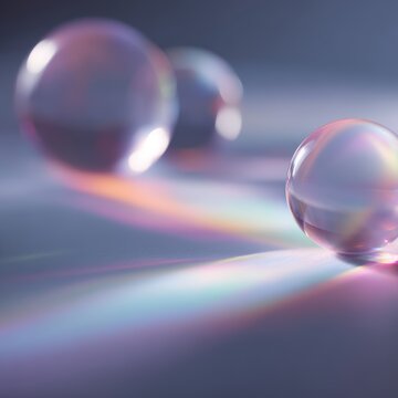 floating frosted glass spheres with rainbow light refraction abstract futuristic background