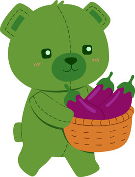 Green Teddy Bear Holding Basket of Eggplants