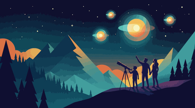 Fam&iacute;lia observando planetas e estrelas em uma paisagem montanhosa noturna.