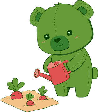 Green Bear Watering Carrots Illustration