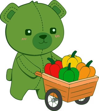 Green Bear Pushing Cart of Vegetables
