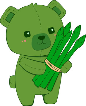 Cute Green Bear Holding Asparagus