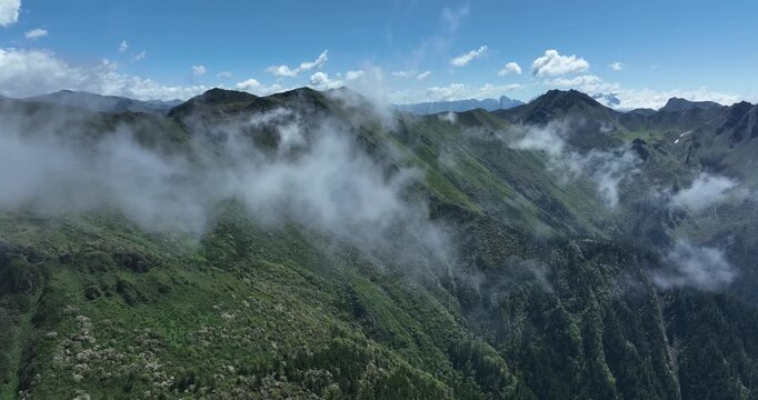 Aerial footage of beautiful high altitude grassland and mountain landscape	