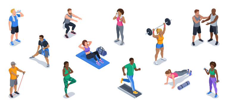 Fitness center people working out, training on gym equipment, and exercising | Isometric active lifestyle vector character set