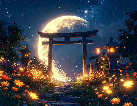 A moonlit garden gate surrounded by glowing lanterns and blooming flowers beneath a starry sky, creating a peaceful, romantic, and mystical fantasy night scene.