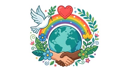 Obraz premium Global unity illustration handshake earth rainbow dove and heart symbolizing peace and harmony