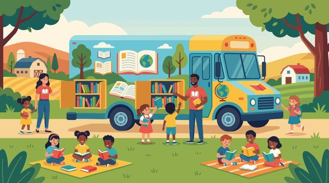 &Ocirc;nibus biblioteca m&oacute;vel com crian&ccedil;as lendo ao ar livre em um dia ensolarado.