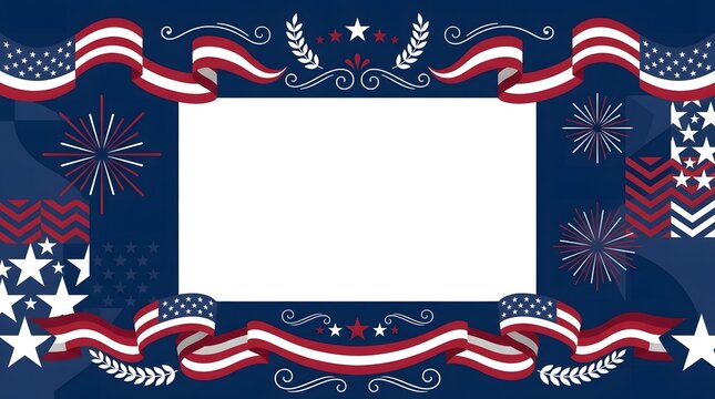 Patriotic american 4th of july border template with red white and blue ribbon fireworks stars