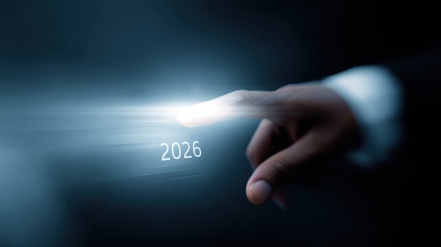 person touching futuristic timeline interface displaying 2026 trends market forecasting concept