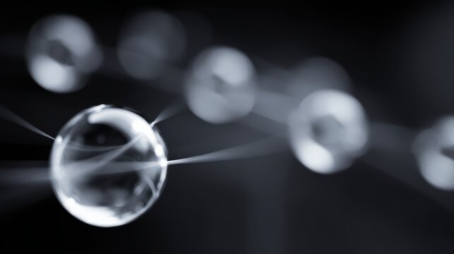 network of glowing glass spheres connected by light trails teamwork technology concept