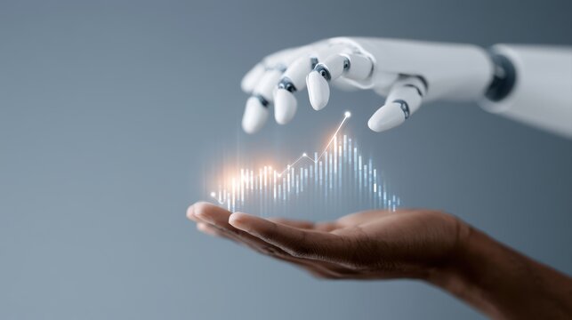 Robotic hand holding holographic financial charts with upward trends, symbolizing AI-powered algorithmic trading and fintech innovation