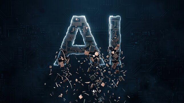 AI logo crumbling to pieces. Dynamic and dramatic AI logo.