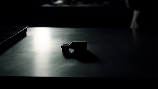 In a dimly lit workshop, hands wearing black gloves manipulate a metallic component on a steel table. A focused spotlight highlights the part before the scene fades into deep shadow.