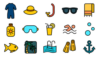 A set of icons depicting summer beach activities. Summer Vacation collection. © Alex Darts