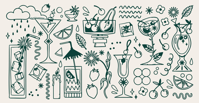Cocktail lounge bar doodle background, summer drinks line art pattern, nightlife party sketch illustration, tropical pub seamless texture, bartender mixology icon set, club entertainment elements wall