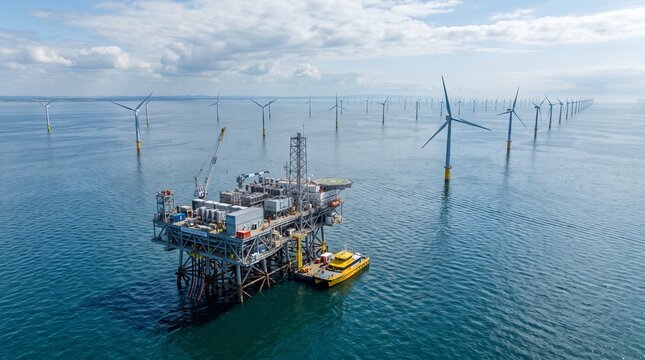 Aerial view of offshore wind farm and oil rig platform