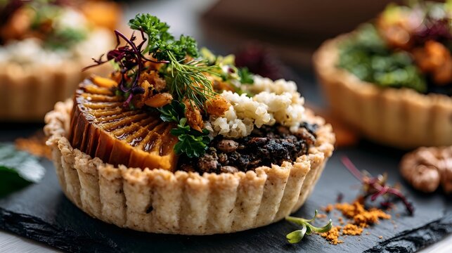 A gourmet plant based tart featuring quinoa  roasted vegetables  and fresh herbs atop a fluted crust on slate