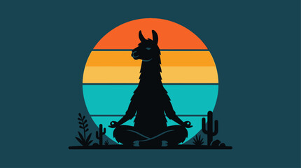 A black silhouette of a llama meditating in a lotus pose against a retro striped sunset with desert plants. © Abhinaya Project