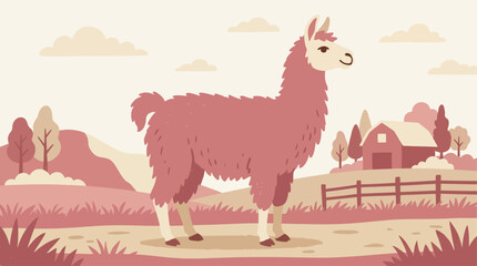 Fototapeta premium A pink llama standing in a rural landscape.