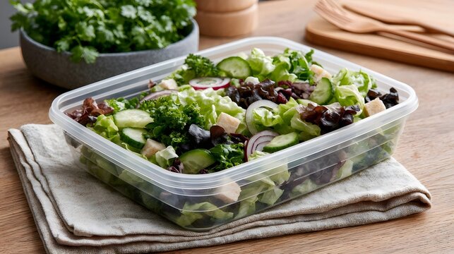 Fresh mixed salad with cucumber  red onion  and croutons in a clear plastic container on a wooden table