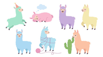 Fototapeta premium Colorful cartoon llamas and animals illustration.