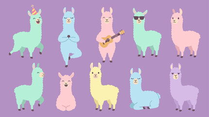 Fototapeta premium Colorful illustration of multiple llamas.