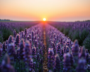 Fototapeta premium Champ de lavande en fleurs au coucher du soleil, paysage provençal violet et doré, nature sauvage et sérénité estivale