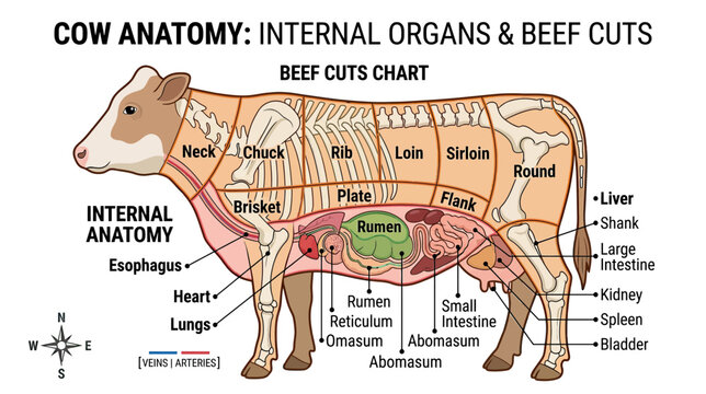 Cow Anatomy and Beef Cuts Chart: Internal Organs and Meat Sections
