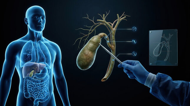 Gallbladder cystic duct surgeon surgery anatomy medical illustration biliary tract digestive system shown with gallbladder and cystic duct diagram, surgeon hand pointing with instrument