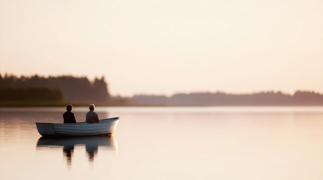 senior couple enjoying quiet romantic boat ride across calm lake during sunset