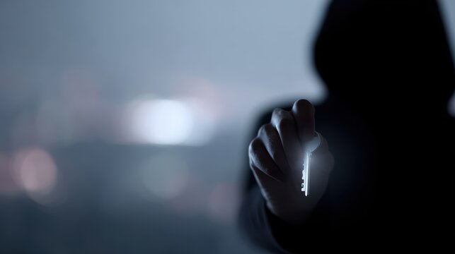 hooded figure holding glowing encryption key symbol against blurred city background
