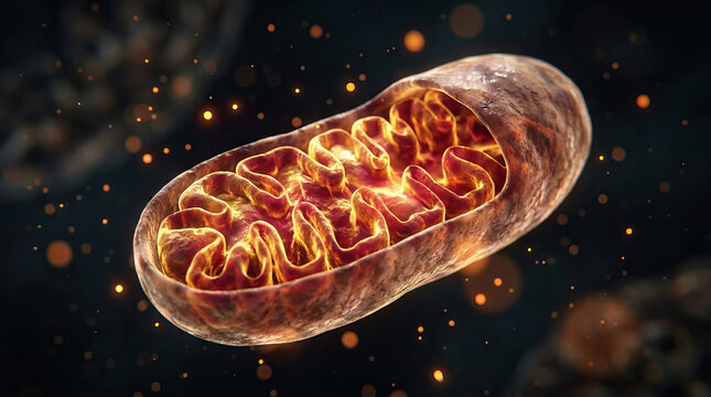 Mitochondrion generating low scale x mitochondrion organelle cell energy biology science 3d render glowing illustration of mitochondrion organelle inside cell, fiery cristae texture, floating