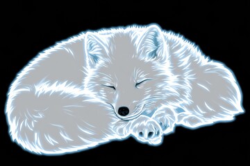 Fototapeta premium An arctic fox in its winter coat lies curled up in the snow with a neon outline against a black background, creating a cozy scene.