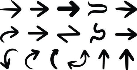 Fototapeta premium Set of fifteen hand-drawn black arrow featuring various shapes including straight, curved, wavy, and angular pointers on a white background